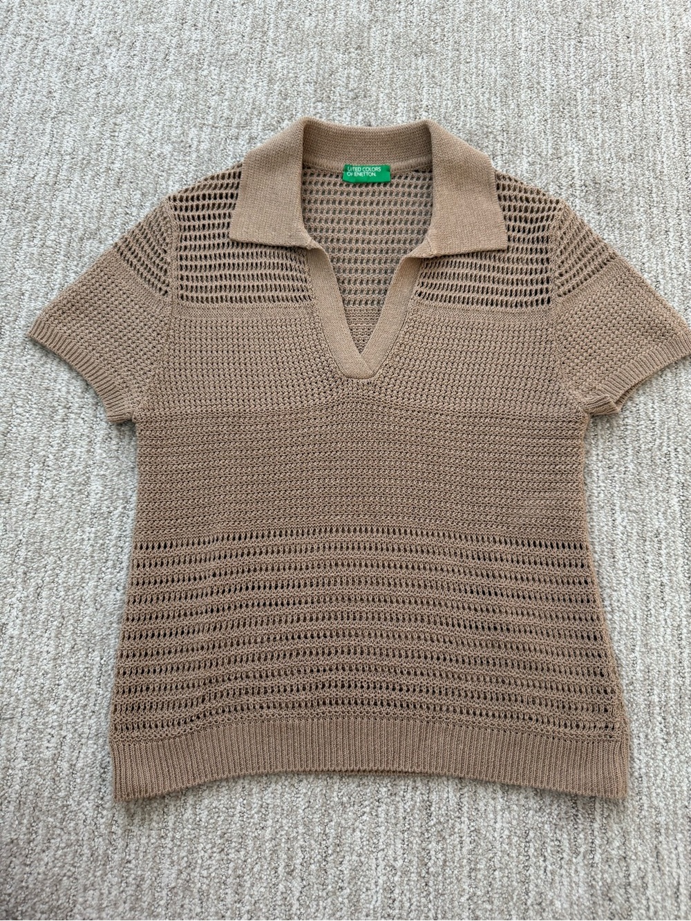 United Colors Of Benetton Tan Open-Knit V-Neck Polo Sweater